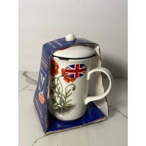 Chatsford Strainer Tea mug Red Poppy Bone China Loose Leaf‎ Tea Mug with Lid UK